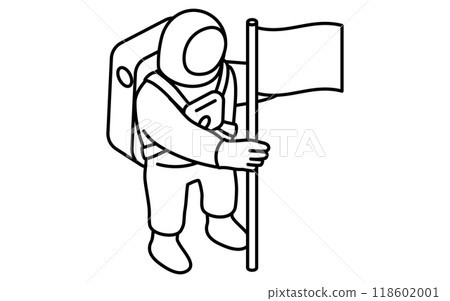 太空人在地面上舉著旗幟的簡單黑白線畫，等軸圖 118602001