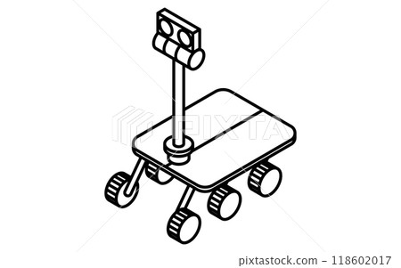 Simple black and white line drawing, isometric illustration of an unmanned vehicle 118602017