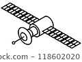 Simple black and white line drawing of an artificial satellite, isometric illustration 118602020