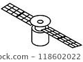 Simple black and white line drawing of an artificial satellite, isometric illustration 118602022