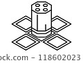 Simple black and white line drawing of an artificial satellite, isometric illustration 118602023