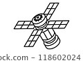 Simple black and white line drawing of an artificial satellite, isometric illustration 118602024