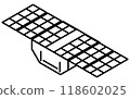 Simple black and white line drawing of an artificial satellite, isometric illustration 118602025