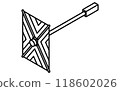 Simple black and white line drawing of an artificial satellite, isometric illustration 118602026