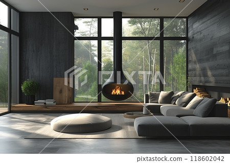 Modern living room with a fireplace and a large window. Cozy and inviting atmosphere 118602042