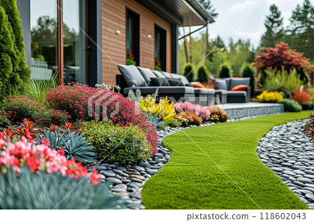 Garden with a stone path and a green lawn. Full of colorful flowers and plants, and there are several chairs and couches placed around the area for relaxation 118602043