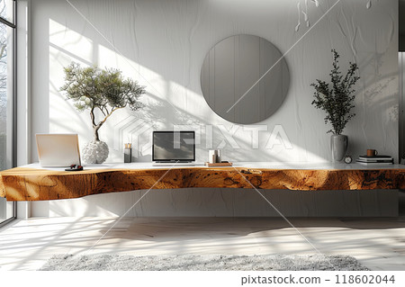 Modern living room with a large wooden shelf that holds laptop, vase, and potted plant. Apartment is well lit and has minimalist design 118602044