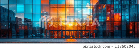 Large glass building with a sunset in the background 118602045