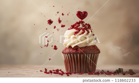 Red velvet cupcake with cream cheese frosting, red velvet crumbs, and a chocolate heart, levitating 118602233