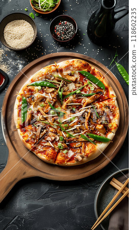 Homemade pizza with spicy teriyaki chicken, mushrooms and baby green peas 118602235