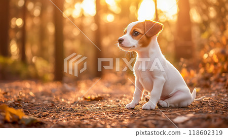 A puppy basking in the warm sunlight in a peaceful forest. Soft focus and autumn colors 118602319