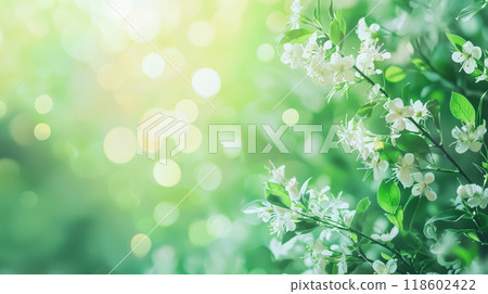 Green leaves in the morning sun and soft focus bokeh background in light tones 118602422