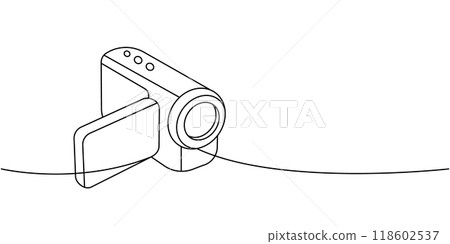 Video camera one line continuous drawing. Professional photo equipment. Vector linear illustration. Video camera one line continuous drawing. Professional photo equipment. Vector linear illustration. 118602537
