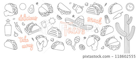 Tacos outline set. Takeaway snack. Tacos with meat, vegetable and tortilla. Traditional Mexican street fast food. Vector illustration Tacos outline set. Takeaway snack. Tacos with meat, vegetable and tortilla. Traditional Mexican street fast food. Vector illustration 118602555
