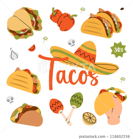 Tacos set. Tacos with meat, vegetable and tortilla. Hand drawn elements for cafe menu, restaurants. Mexican cuisine food. Vector illustration Tacos set. Tacos with meat, vegetable and tortilla. Hand drawn elements for cafe menu, restaurants. Mexican cuisine food. Vector illustration 118602556