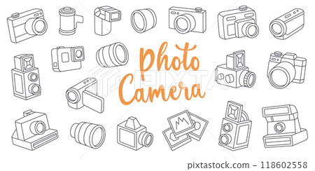 Camera outline set. Photo studio equipment. Lens with shutters, video and action cam, film strips, photo frames, external flash. Vector illustration. Camera outline set. Photo studio equipment. Lens with shutters, video and action cam, film strips, photo frames, external flash. Vector illustration. 118602558