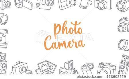 Camera kit horizontal outline banner. Photo studio set. Video cam, instant camera, film strips, photo frames, external flash. Vector illustration. Camera kit horizontal outline banner. Photo studio set. Video cam, instant camera, film strips, photo frames, external flash. Vector illustration. 118602559