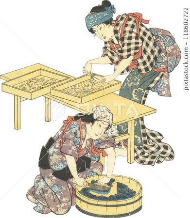 Ukiyo-e illustration: sericulture Ukiyo-e illustration: sericulture 118602722