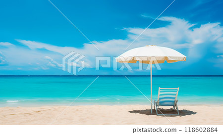 teal sunbed with white umbrella on front turquoise and clear sea with sand on beach under blue sky white cloud on summer vacation holiday 118602884
