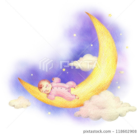 Baby sleeping on the moon and the night sky - hand-drawn colored pencil drawing Baby sleeping on the moon and the night sky - hand-drawn colored pencil drawing 118602908