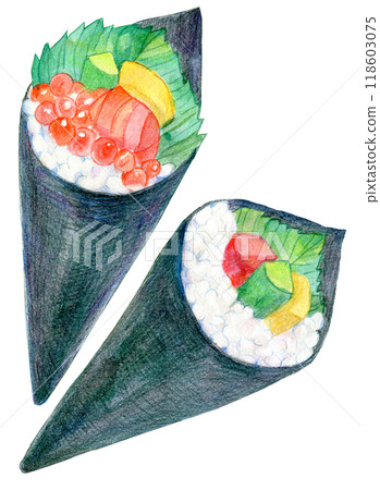 Watercolor illustration: Hand-rolled sushi Watercolor illustration: Hand-rolled sushi 118603075