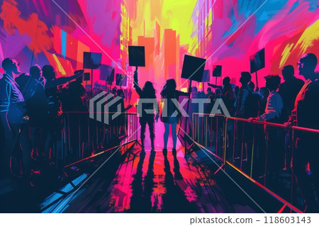 A protest features two opposing groups holding signs on either side of a barrier a public demonstration with clear divisions and conflicting views polarized landscape division or lamination of society 118603143