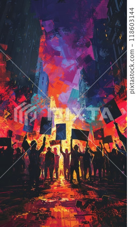 In this protest, two groups stand on opposite sides of a barrier, each displaying signs that reflect their conflicting viewpoints, polarized landscape, division or lamination of society 118603144