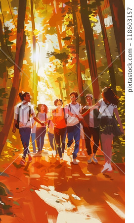 In a sunlit park, a cheerful group of diverse individuals holds hands, sharing happiness, positivity, and connection, representing community and optimism In a sunlit park, a cheerful group of diverse individuals holds hands, sharing happiness, positivity, and connection, representing community and optimism 118603157