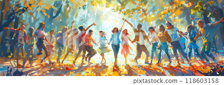 A group of smiling, diverse people gathers in a park, holding hands under the sun, expressing unity, warmth, and the powerful bond of optimism and friendship, banner 118603158
