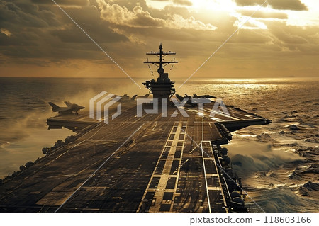 Fighter jet on the runway of an aircraft carrier in the open ocean 118603166
