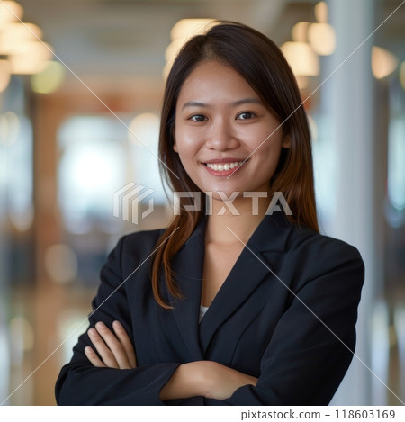 Smiling Asian businesswoman 20-30 years old, active business woman against the background of her office 118603169