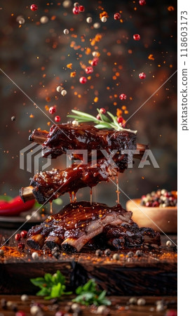Beef short ribs, delicious juicy beef ribs with spices and sauce close-up on a board on a dark background 118603173