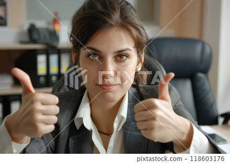 European businesswoman showing thumbs up in her office, success and achievement concept 118603176