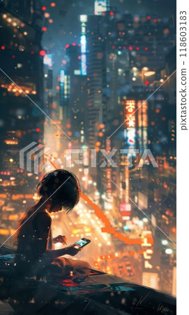 A child 8-12 years old uses a smartphone on the street, modern gadgets 118603183