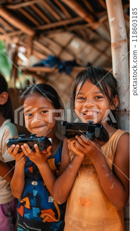 Children play computer games on TV using a game console, a child with a game console in his hands 118603185
