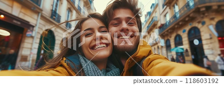 Happy young couple traveling, happy couple taking selfie against the background of a cultural tourist site 118603192