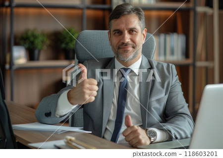 European businessman showing thumbs up in his office, success and achievement concept European businessman showing thumbs up in his office, success and achievement concept 118603201