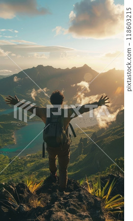 Tourist athlete rejoices climbing a mountain in a tropical country, success and goal achievement concept, man raised his hands up in delight 118603215