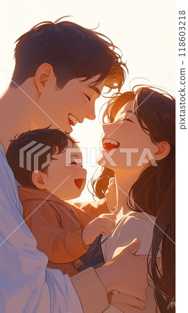 Illustration of happy mom and dad holding baby's hands while playing and having fun with him, happy childhood 118603218