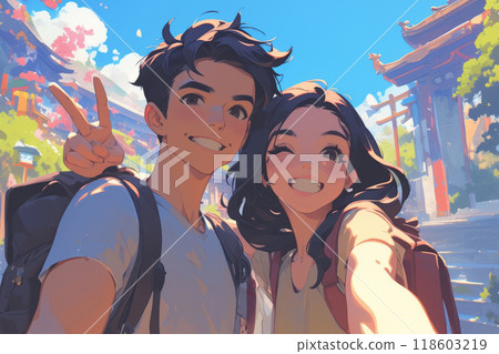 Illustration of a happy young couple traveling, happy couple taking selfie against the background of a cultural tourist site 118603219
