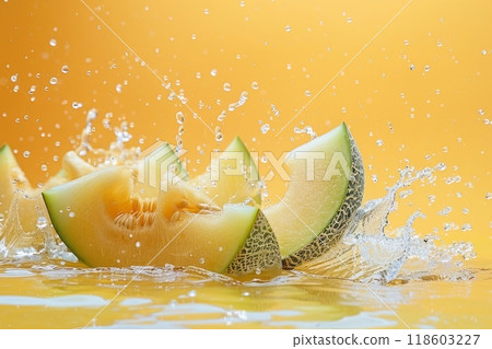 Fresh ripe sliced melon slices in splashes of water, healthy fruit 118603227