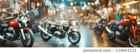 Blured motorcycle salon with various motorcycles close-up 118603231