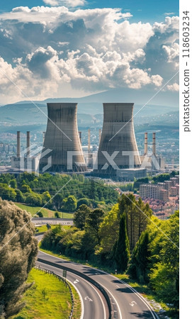 View from afar of a nuclear power plant, operating nuclear reactors against the backdrop of nature, peaceful atom 118603234