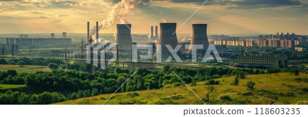 View from afar of a nuclear power plant, operating nuclear reactors against the backdrop of nature, peaceful atom, banner 118603235
