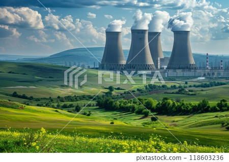 View from afar of a nuclear power plant, operating nuclear reactors against the backdrop of nature, peaceful atom 118603236