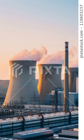 View from afar of a nuclear power plant, operating nuclear reactors against the backdrop of nature, peaceful atom 118603237