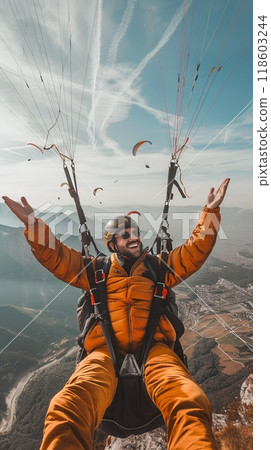 Happy paragliders flying on a paraglider, experienced pilots smiling at the camera 118603244