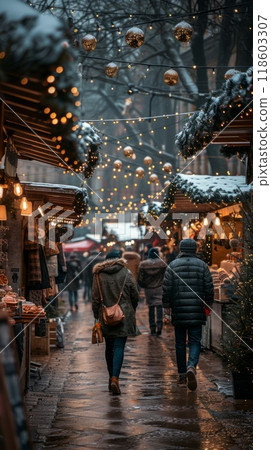 The Christmas fair is alive with market stalls offering handcrafted gifts and delicious treats, creating a cozy and inviting atmosphere perfect for holiday celebrations 118603307