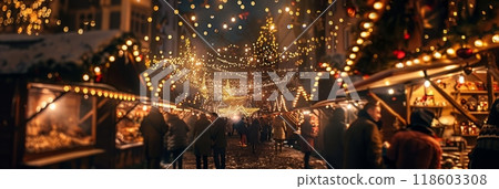 A vibrant Christmas fair features bustling market stalls filled with handcrafted gifts and delicious treats, setting the scene for a warm and festive holiday gathering, banner 118603308