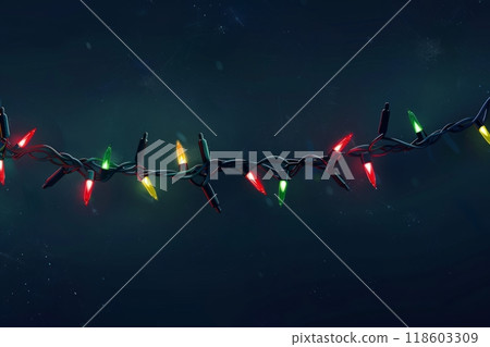 A Christmas garland with green branches, bright red and yellow lights on a string, stands out against a dark blue background, creating a vibrant and festive holiday scene 118603309